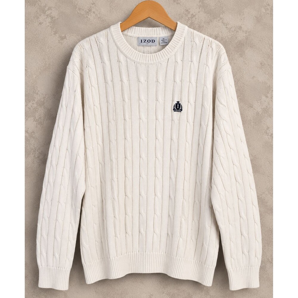 VINTAGE IZOD Sweater Men XL White Cable Knit 100% Cotton Made USA Preppy